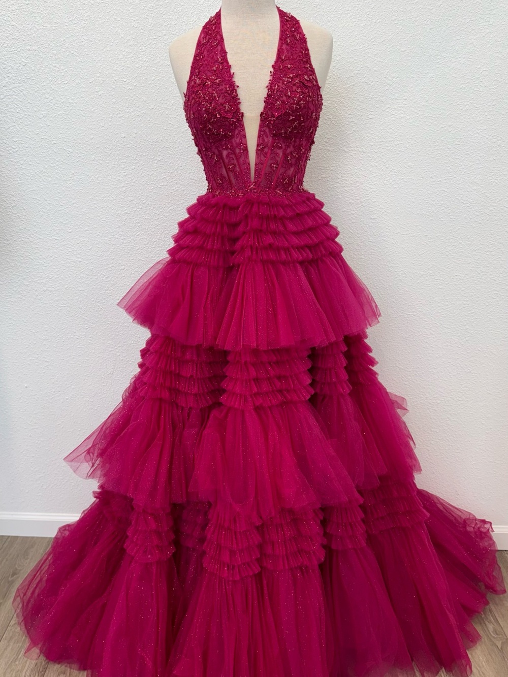 Sherri Hill 56206 Hot Pink Ruffled Halter Evening Dress - Picture 2 of 2